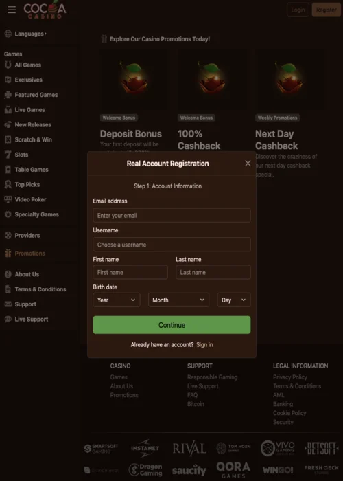 Account Creation Cocoa Casino